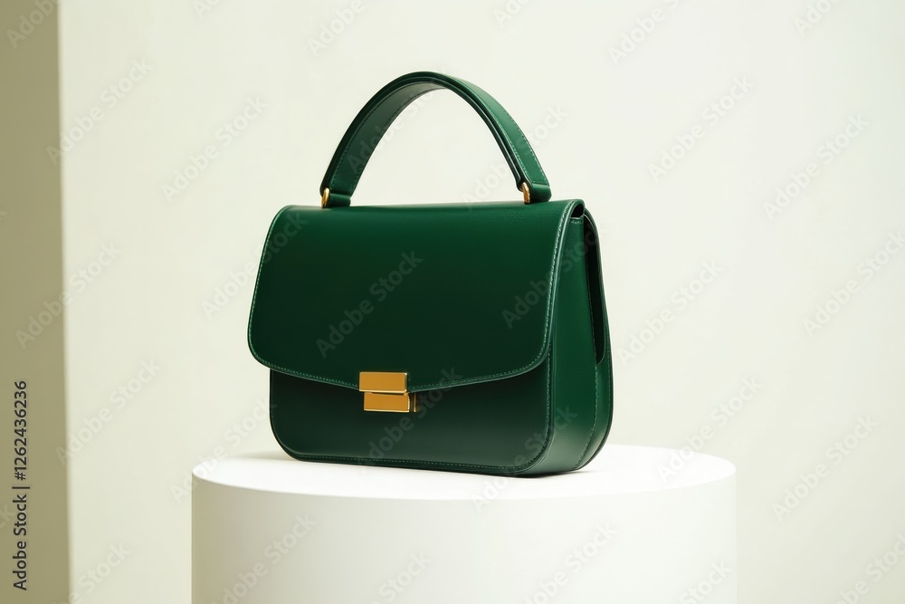 Poster Elegant green handbag displayed on a pedestaled surface in a minimalistic setting