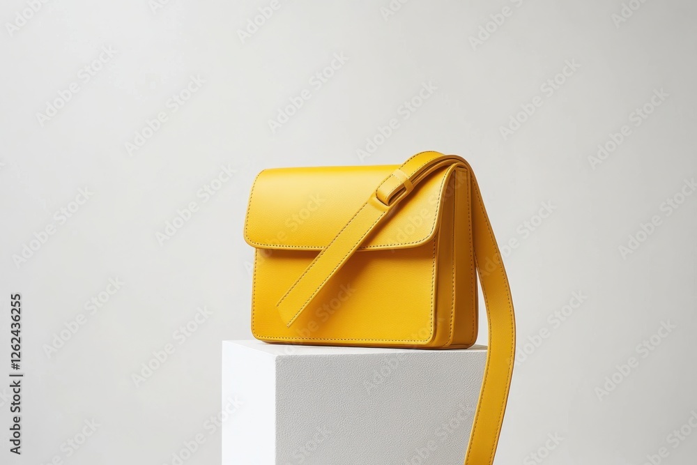 Poster stylish yellow leather handbag displayed elegantly on a pedestal in a minimalistic studio setting