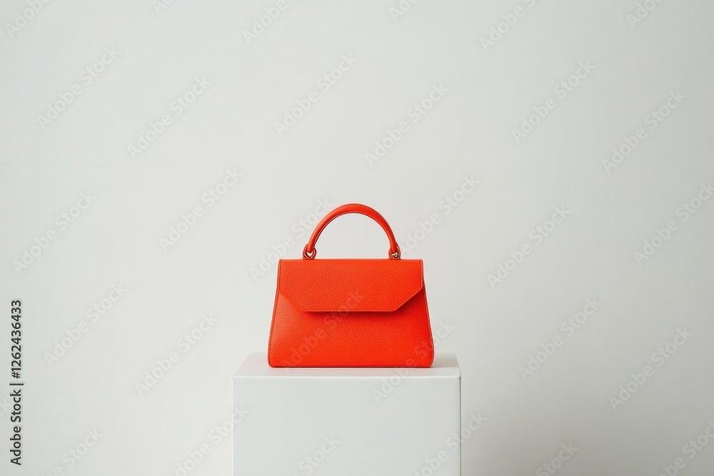Poster Stylish red handbag displayed on a pedestal against a minimalist white background in a modern setting