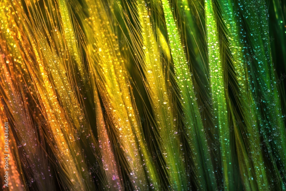 Poster Colorful strands of light reflect droplets, creating a vibrant display in a close-up view of nature