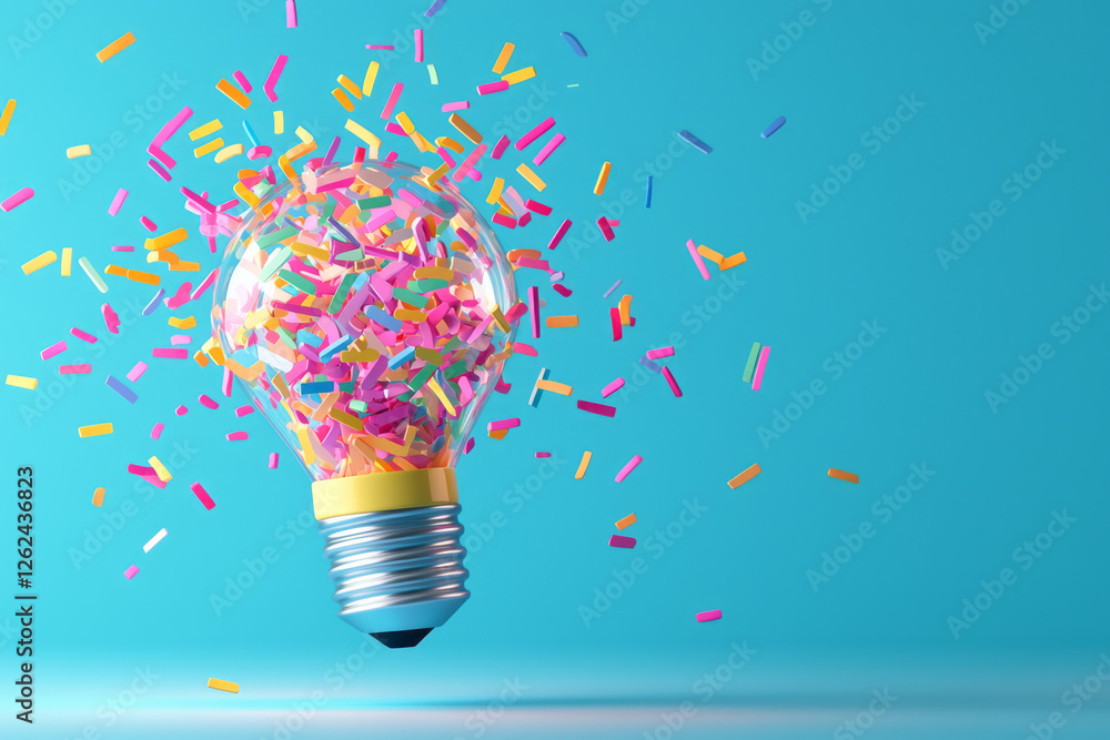Poster a playful, confetti-like explosion of sharp-edged forms emanating from a luminous bulb,
