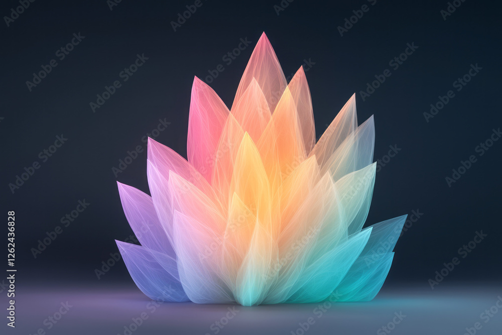 Poster a stylized, fractal-inspired design of angular prisms bursting upward from a central bulb, exuding