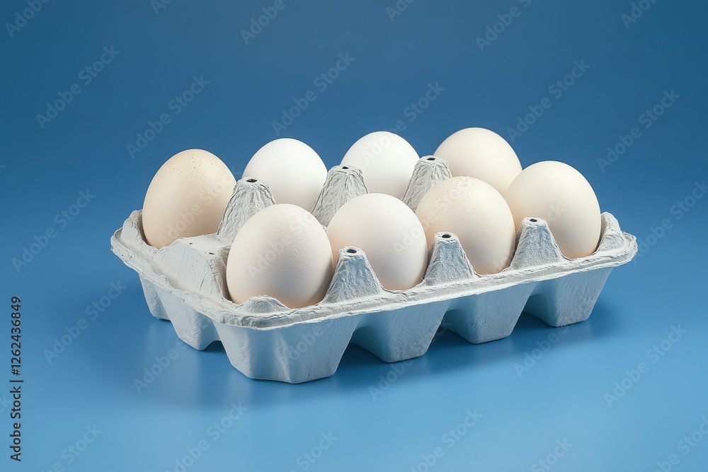 Poster fresh eggs arranged neatly in a carton against a blue background highlighting their simplicity and s