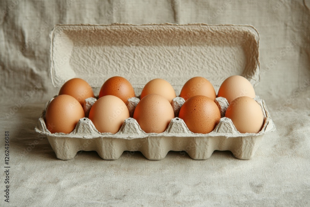 Poster fresh eggs arranged neatly in a cardboard carton on a textured surface at a kitchen table