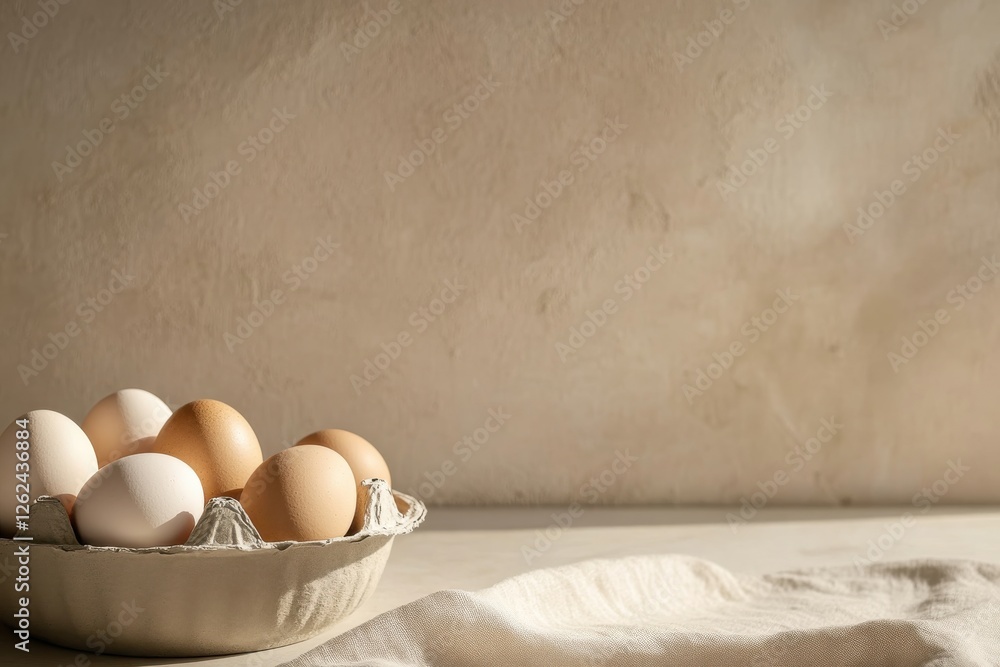 Aufkleber Fresh eggs arranged in a rustic bowl on a light-colored surface with soft natural lighting during the day