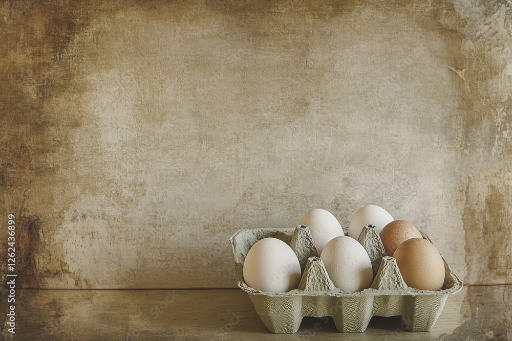 Aufkleber six fresh eggs in a carton displayed on a rustic background with natural textures and warm tones