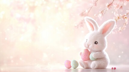 Fototapeta premium Adorable Fluffy Bunny Holding Colorful Easter Eggs in Spring Setting