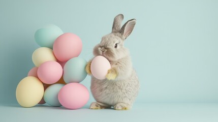 Adorable Fluffy Bunny Holding Colorful Easter Eggs on Blue Background