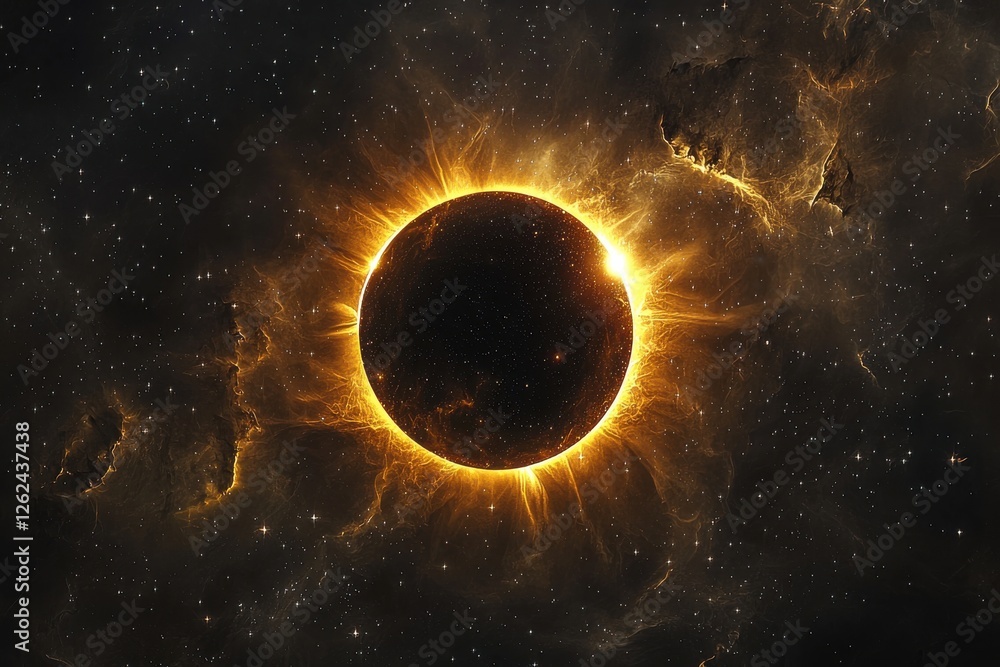 Poster a celestial view of a solar eclipse in space, featuring a dramatic corona and starry background, cre