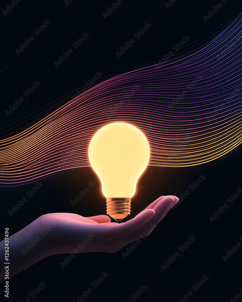 Aufkleber a minimalistic perspective focusing on the luminous bulb in a hand, the retro lines behind it