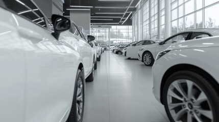 Showroom Rows of white cars, bright interior, potential sale