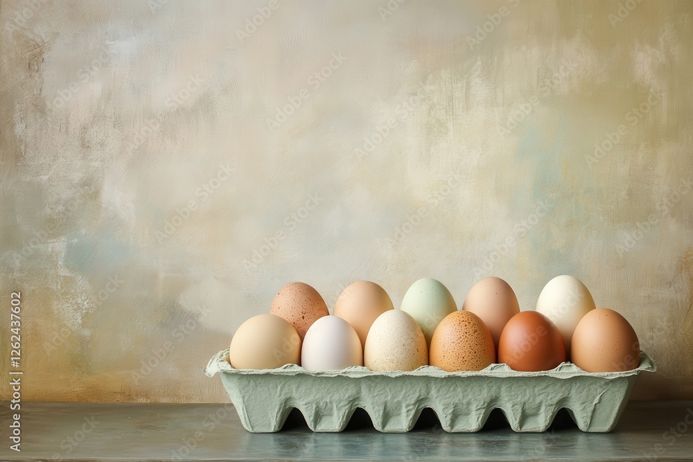 Poster fresh eggs arranged neatly in an open carton against a textured beige background showcasing a variet