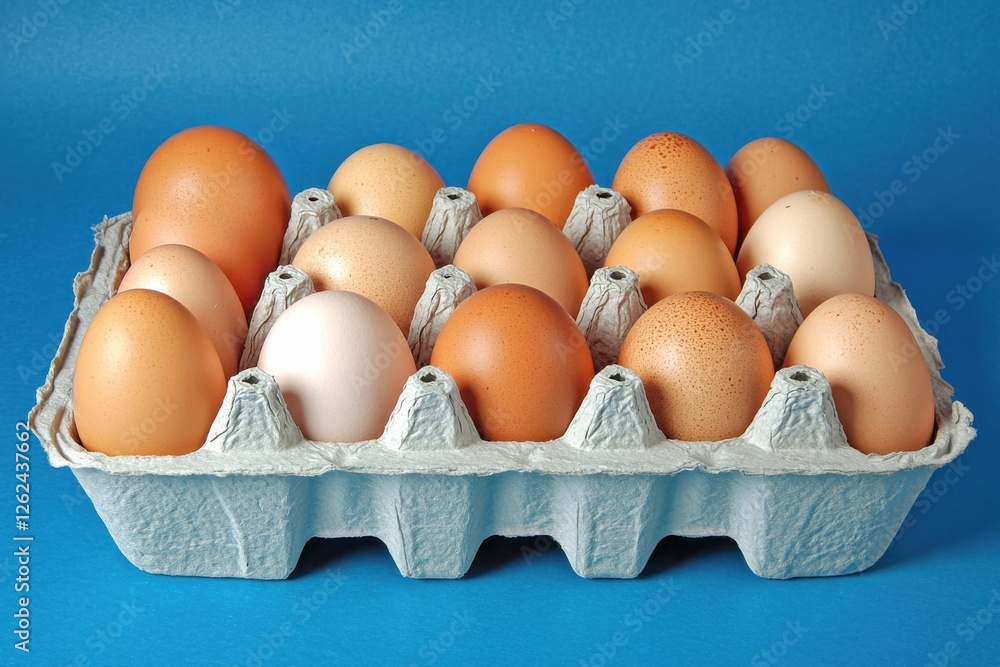 Poster variety of eggs displayed in a carton on a blue backdrop highlighting their different colors and siz