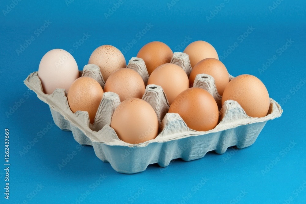 Poster dozen eggs arranged in a carton on a vibrant blue background showcasing a variety of sizes and color
