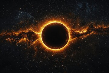 Obraz premium Spectacular cosmic artwork displaying a glowing black hole surrounded by fiery energy clouds and distant stars in a vast, dark universe landscape.