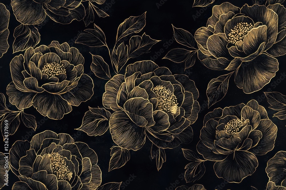 Poster sophisticated black background featuring elegant gold floral pattern with line art peonies creates a