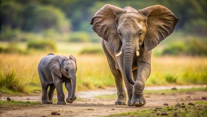 Fototapeta premium Baby Elephant Walking Alongside Adult Elephant in Natural Habitat