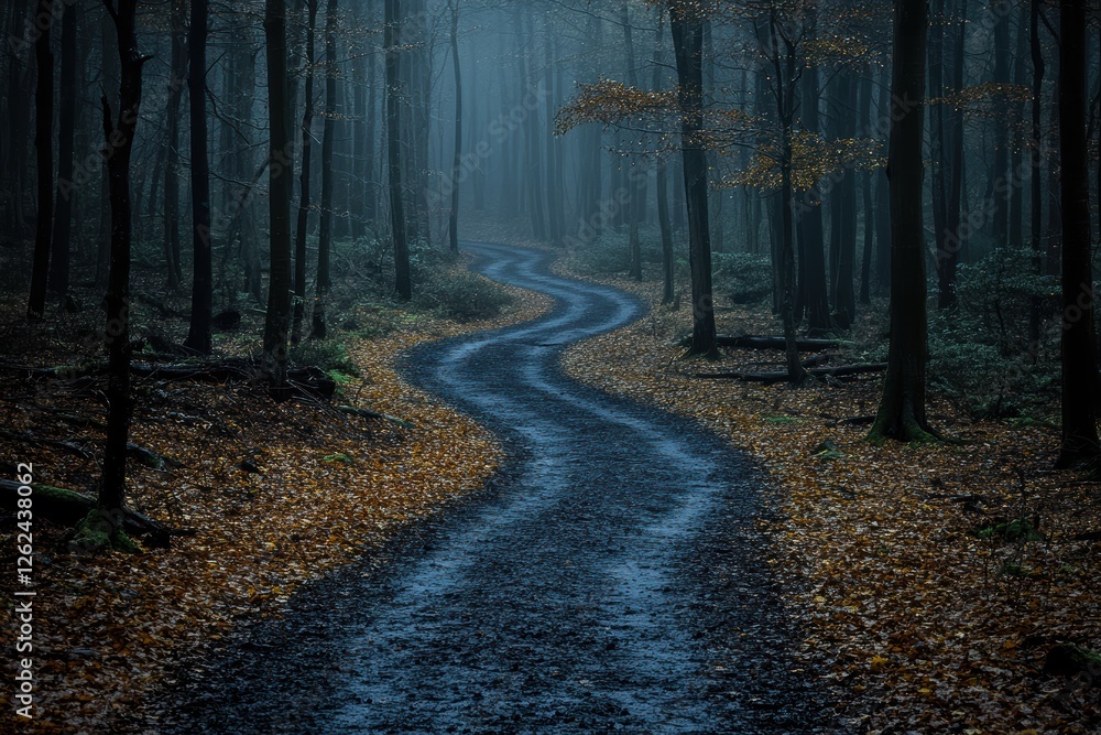 Poster mysterious winding path through a dark forest with subtle movement hints
