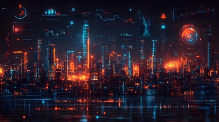Futuristic Cityscape at Night with Digital Interface Overlays Smart City Technology Concept