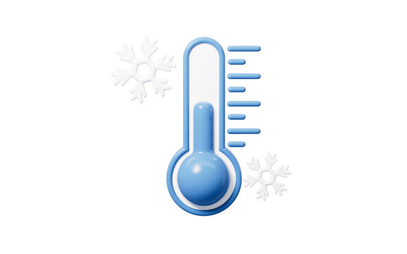 Cartoon thermometer and snowflake, winter temperature drop, 3d rendering.