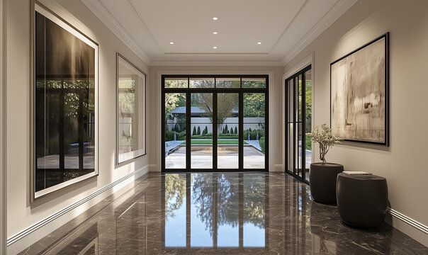Elegant entryway with polished stone floors and windows, creating a grand and welcoming first impression