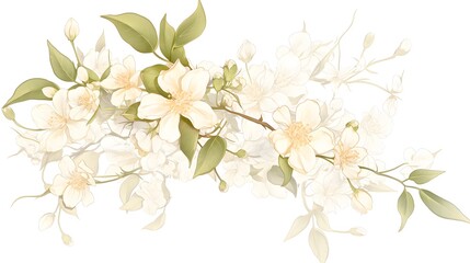 Delicate Cream Colored Jasmine Blossom Branch Spring Floral Illustration Botanical Art