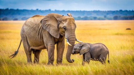 Obraz premium Majestic Elephant and Adorable Calf in Golden Grasslands Landscape