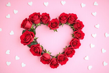 Pink bg two heart shaped wreaths of red roses small white hearts romantic mood
