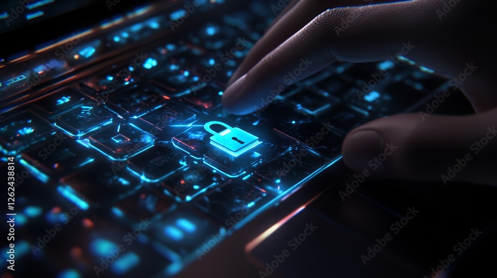 Poster close up of hand typing on laptop with lock icon illuminating keys