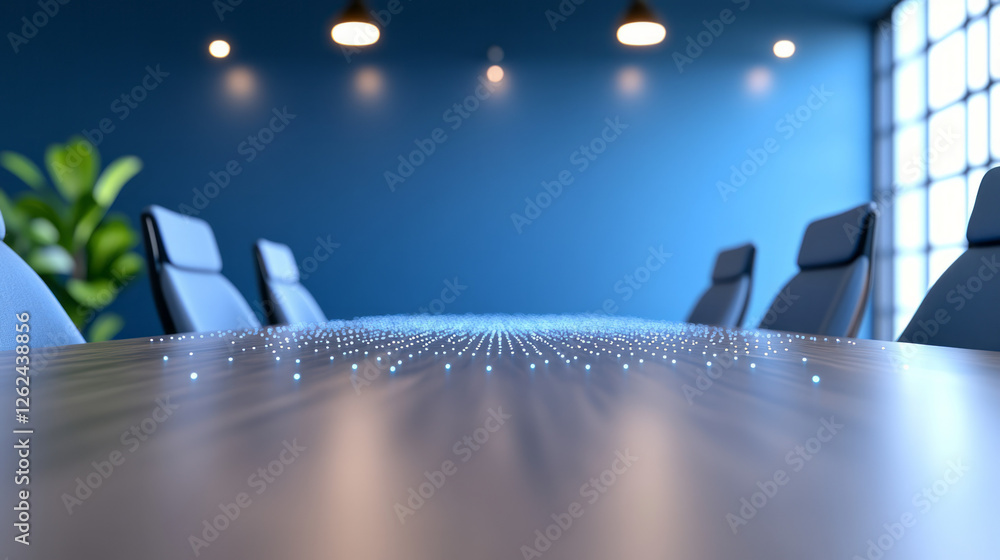 Poster a minimalist boardroom scene with translucent digital nodes seamlessly integrated into the table,