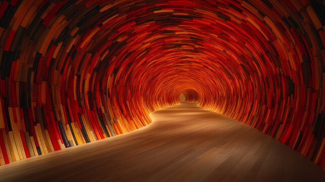 A surreal tunnel built from intricately arranged book spines, each curve softly aglow to create a