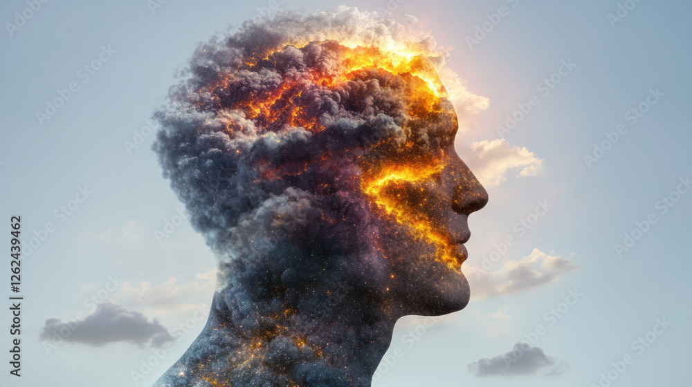 Poster a partial side view of a human shape pulsating with swirling celestial currents, bright flares