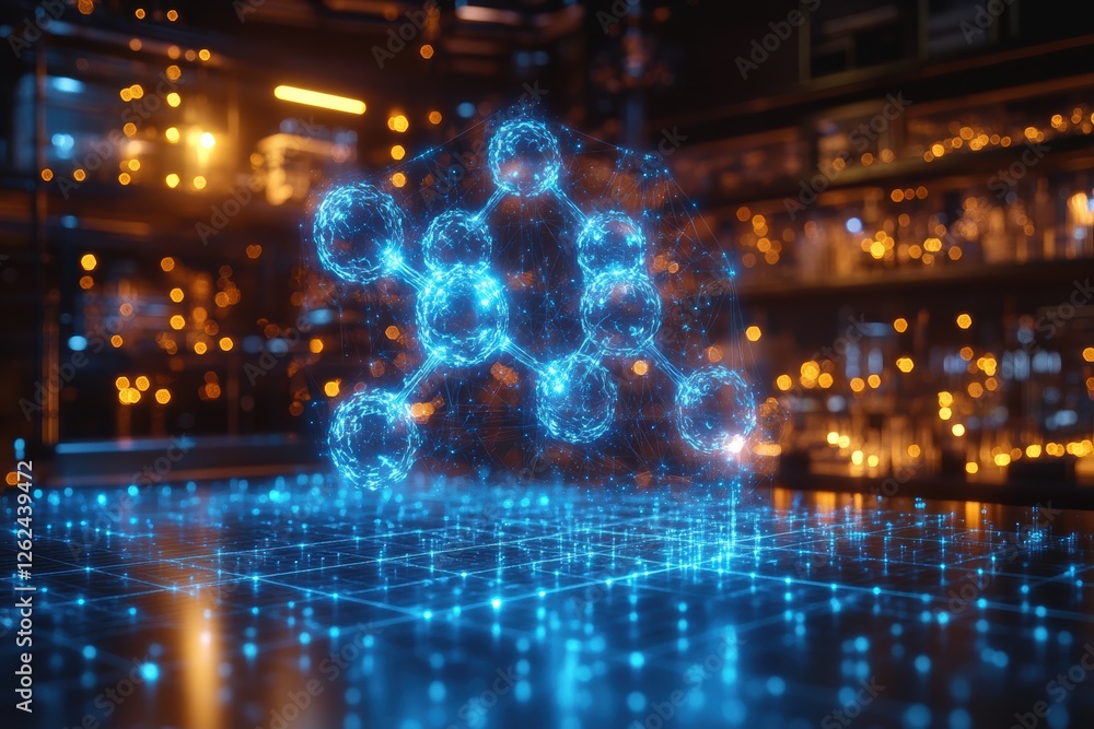 Poster 3d hologram displays a complex molecular structure in a high-tech laboratory environment