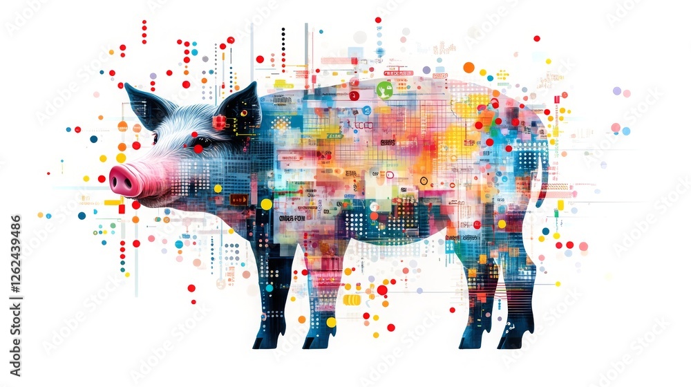 Poster digital pig illustration showcasing data visualization and playful design concepts in vibrant colors