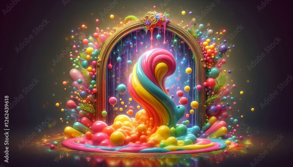 Poster a captivating 3d 4k scene features a colorful wave of swirling paint emerging from an ornate archway