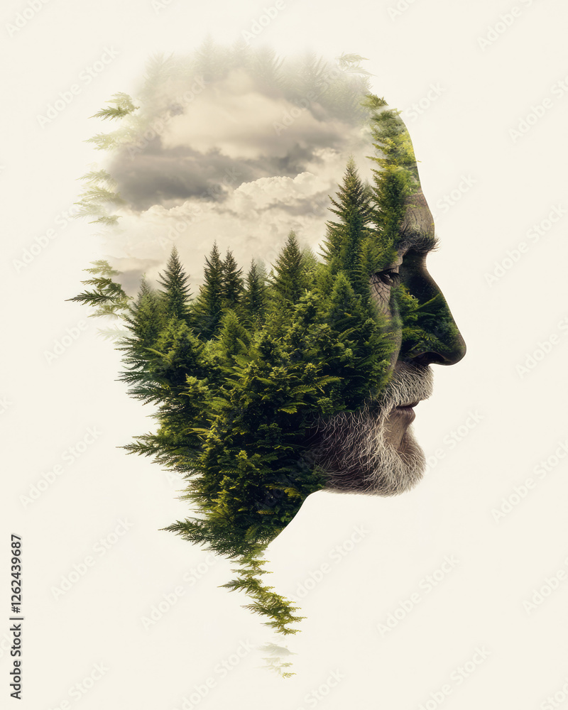 Poster a double-exposure effect where an angular face merges with an arrangement of cannabis leaves,