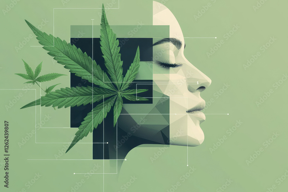 Poster a serene expression with the cheek and eye area rendered in sharp polygons, seamlessly morphing