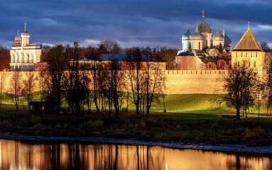 Cityscape of Great Novgorod Kremlin with St. Sophia cathedral at sunset, Russia