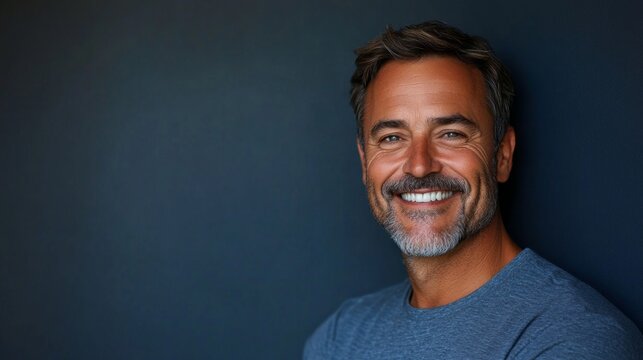 A middle-aged man with a joyful expression smiles broadly, showcasing his confidence and warmth. He stands in a casual setting with a striking deep blue backdrop that enhances his features.