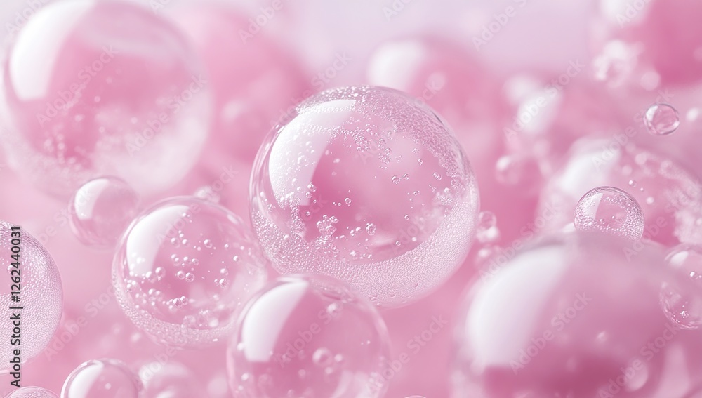 Poster pink bubbles float gently in liquid, creating a dreamy and serene abstract background. close-up macr