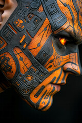 A surreal blend of facial tattoos and cybernetic plates shaping the warrior&acirc;&euro;&trade;s jawline, with