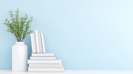 Obraz premium Books and Vase, Minimalist Interior, Light Blue Wall, Home Decor, Peaceful Setting, Use Stock Photo
