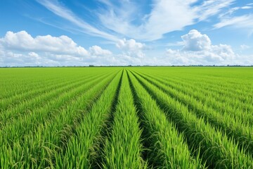 A field of rice is shown with a blue sky in the background