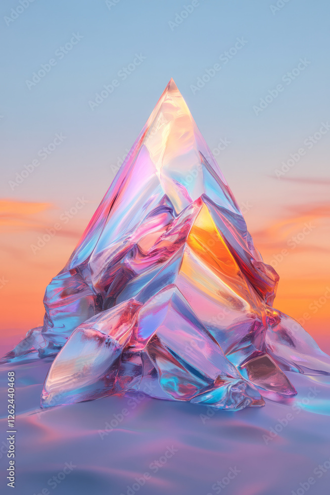 Poster a large triangular mountain form composed of glossy facets, each facet morphing under dynamic