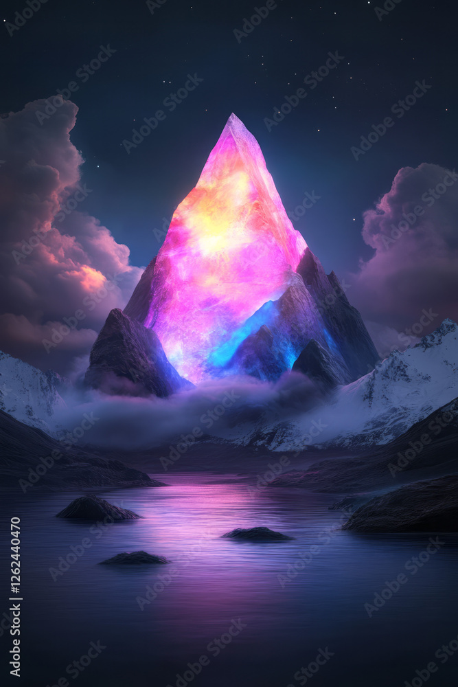 Poster a large triangular mountain form composed of glossy facets, each facet morphing under dynamic