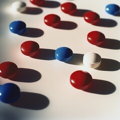 Fototapeta premium Colorful Round Pills Scattered on White Surface with Shadows