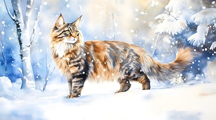 Majestic Maine Coon Cat in Winter Wonderland Snowfall Watercolor Painting