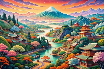 Obraz premium Ukiyo-e Landscape: Historical Japan, Traditional Art Pattern, Seamless Design, Vintage Asian Print, Oriental Background
