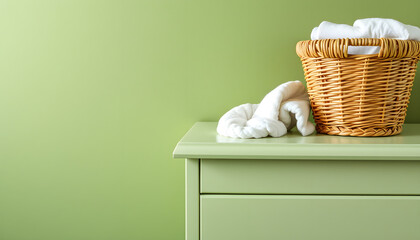 Fototapeta premium Basket with laundry on chest of drawers near green wall. with white shades