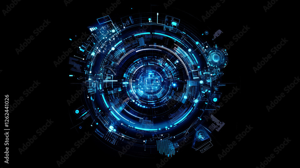 Poster circular futuristic digital hud elements, sci fi ui interface. vector blue neon heads up display hol